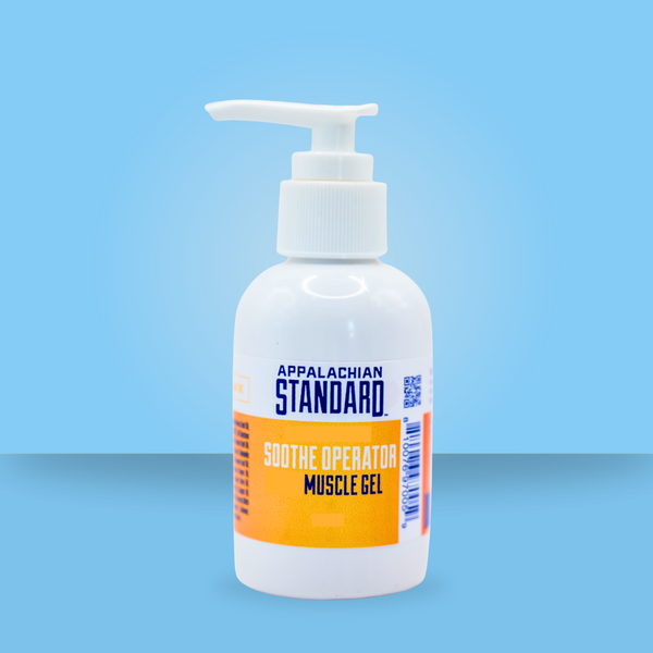 Bottle of Appalachian Standard Soothe Operator Muscle Gel on a blue background