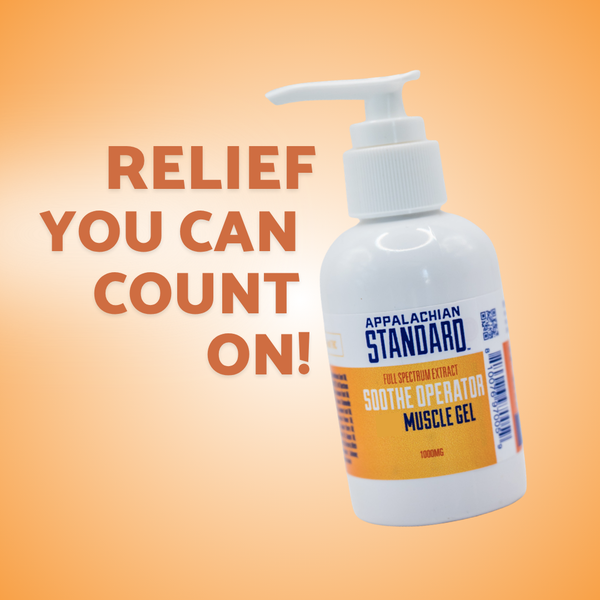 Bottle of Appalachian Standard Muscle Gel with text 'Relief You Can Count On!' on an orange gradient background