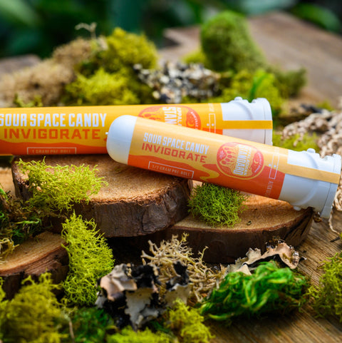 Sour Space Candy pre-rolls in sustainable recycled ocean plastic tubes on wood and moss from Appalachian Standard