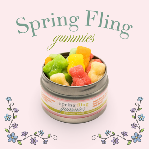 Jar of colorful gummies labeled 'Spring Fling gummies' on a light background with floral decorations.