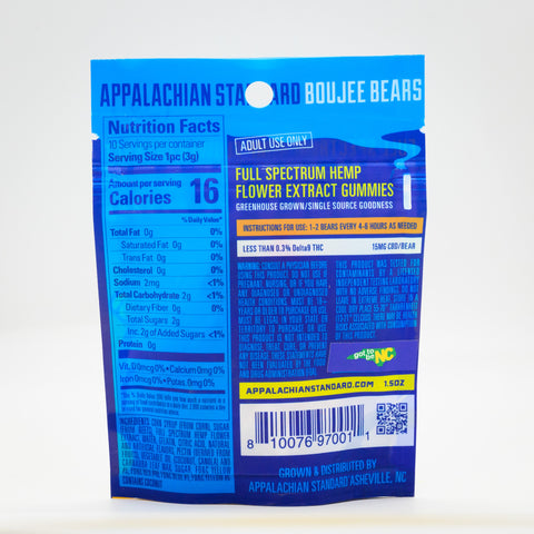 The back of the bag of Appalachian Standard's Boujee Bears CBD Gummies with nutritional information and a list of ingredients