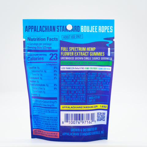 The back of the bag of Appalachian Standard's Boujee Ropes CBD Candy with the nutritional label and ingredients list