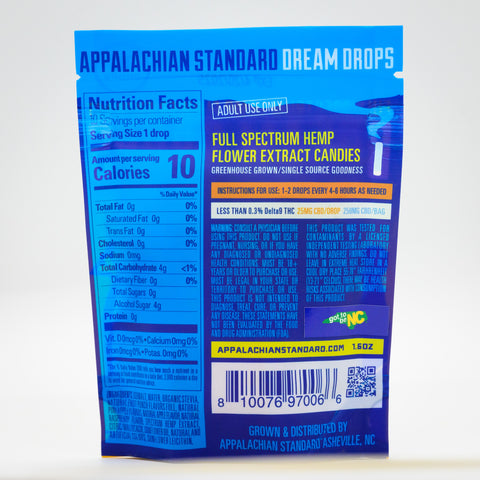 The back of the bag of Appalachian Standard's Dream Drops CBD Hard Candy with nutritional information and a list of ingredients