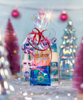 Gift bag with products on a festive background