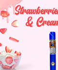 Bowl of strawberries and cream with a blue vape pen on a pink background for Appalachian Standard's THC vape.