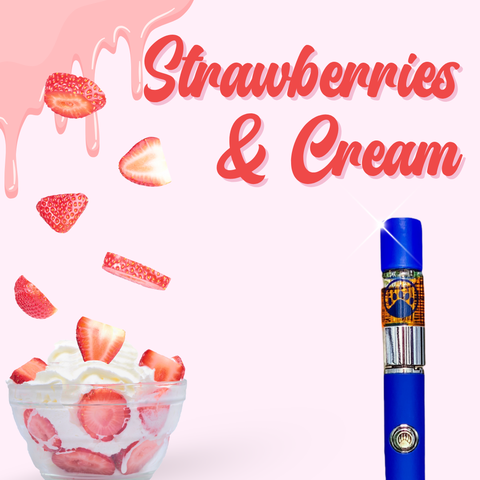 Bowl of strawberries and cream with a blue vape pen on a pink background for Appalachian Standard's THC vape.