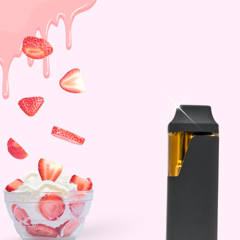A black disposable vape device with a gold accent band, shown next to a bowl of whipped cream and sliced strawberries with strawberries floating above on a light pink background.