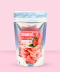 Strawberry gummy sampler package on a pink background