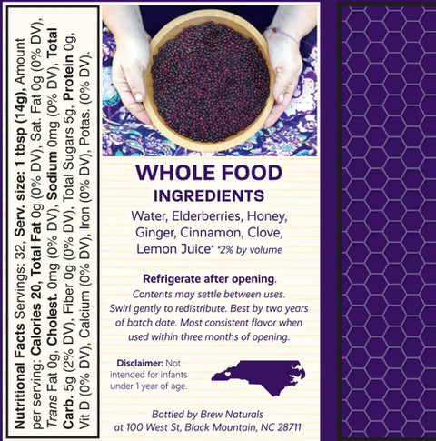 Back of Brew Naturals Elderberry Syrup panel with ingredients and nutritional facts.