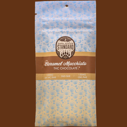 THC chocolate bar packaging with 'Appalachian Standard' branding on a brown background.