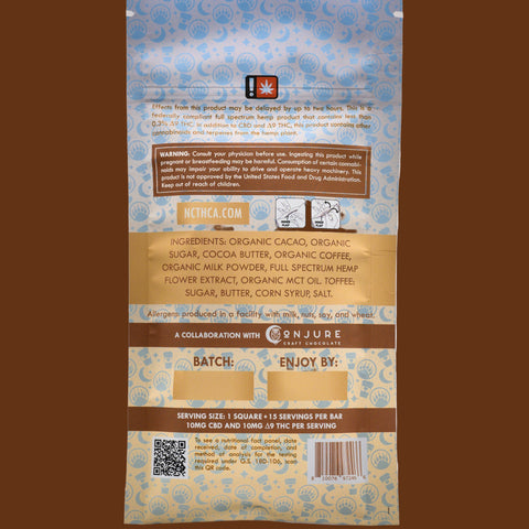 Back of an Appalachian Standard THC chocolate bar packaging with text and branding on a brown background.