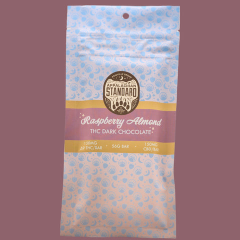 Appalachian Standard's  raspberry almond THC dark chocolate packaging on a pink background