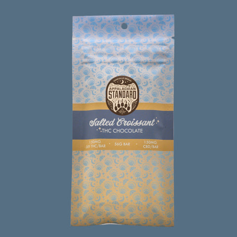 Appalachian Standard's Salted Croissant THC Chocolate packaging with blue and yellow design on a blue background