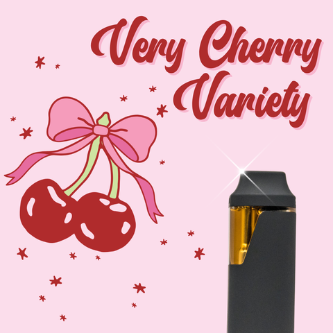 Vape device with cherry design and 'Very Cherry Variety' text on a pink background