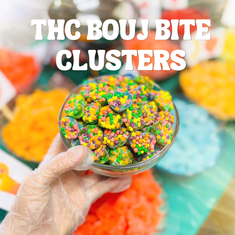 Hand holding a bowl of colorful THC bouj bite clusters with text overlay.