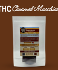 THC Caramel Macchiato packaging on a brown background