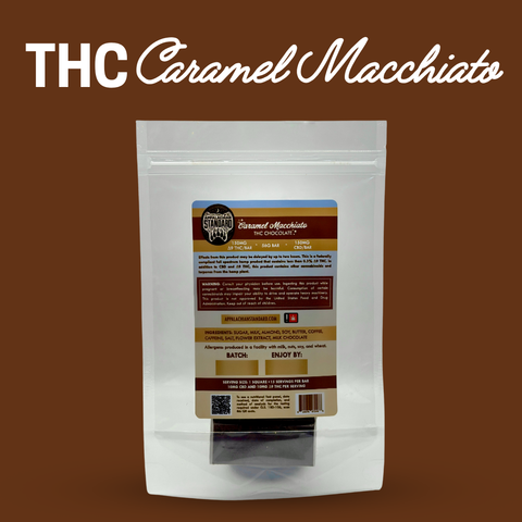 THC Caramel Macchiato packaging on a brown background