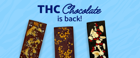 Three chocolate bars with various toppings on a blue background with 'THC Chocolate is back!' text.