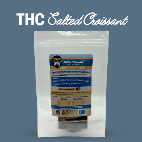 THC Salted Croissant packaging with label on a blue background