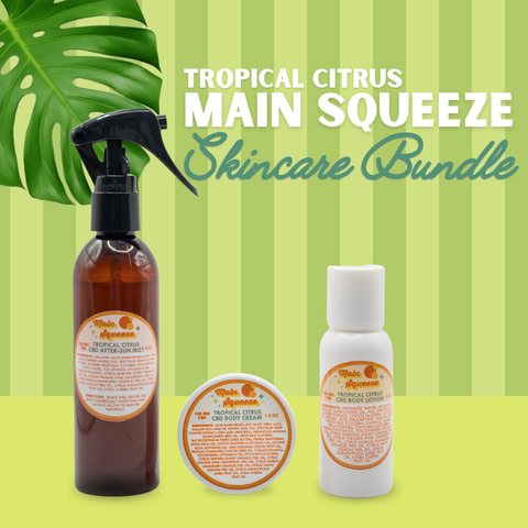 Appalachian Standard Tropical Citrus Main Squeeze CBD Skincare Bundle featuring a 250mg CBD After-Sun Mist spray, 188mg CBD Body Cream, and 200mg CBD Body Lotion on a green striped background with a monstera leaf.