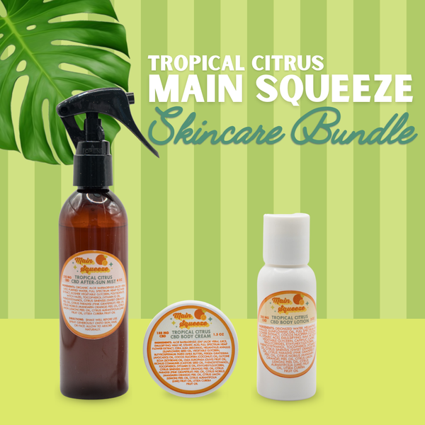 Appalachian Standard Tropical Citrus Main Squeeze CBD Skincare Bundle featuring a 250mg CBD After-Sun Mist spray, 188mg CBD Body Cream, and 200mg CBD Body Lotion on a green striped background with a monstera leaf.