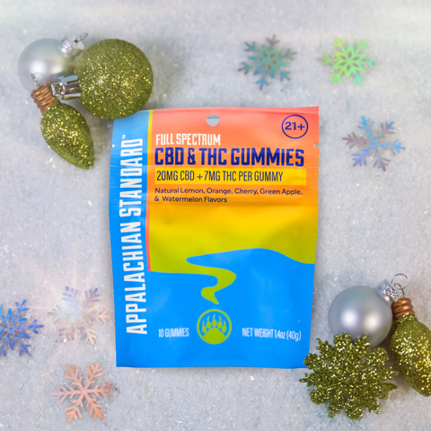 Appalachian Standard CBD & THC Gummies package with Christmas ornaments and snowflakes on a light gray background