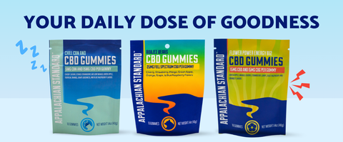 Three packages of gummies with a blue background and text about daily dose of goodness.