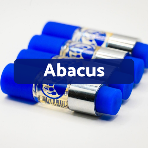 Blue and silver cylindrical objects with 'Abacus' branding on a white background