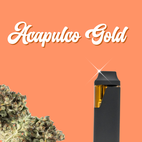 Acapulco Gold Vape with the Acapulco Gold Flower in the bottom left corner 