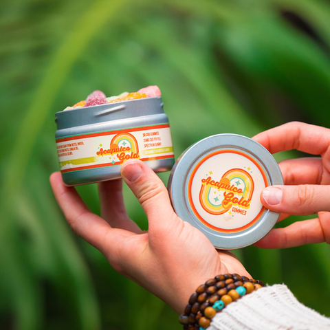 Hands holding an open tin of Appalachian Standard Acapulco Gold Gummies with the lid displayed separately, showing 30 full-spectrum CBD gummies in assorted flavors, with a hemp plant in the background