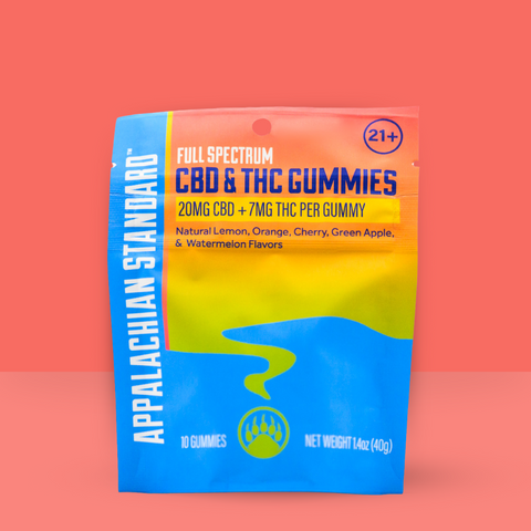 Orange and blue CBD/THC gummy bag on a red/orange backdrop 