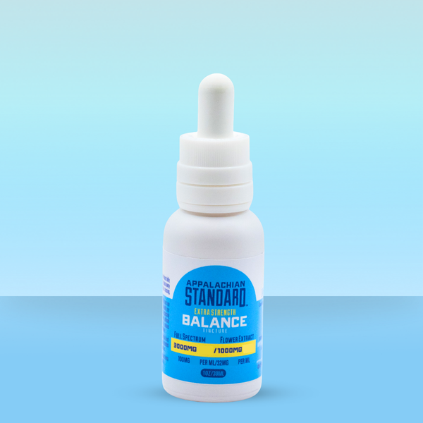 Bottle of Appalachian Standard Balance drops on a light blue background