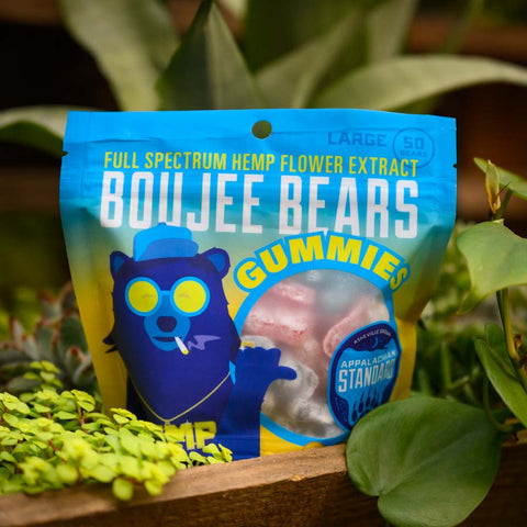 A 50 pack bag of Appalachian Standard's CBD Gummies surrounded by green plants