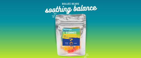 A stand-up pouch of Boujee Bears Soothing Balance Gummies centered on a teal-to-yellow gradient background. The pouch has a clear window showing orange and yellow gummy bears inside, with a blue and yellow label.