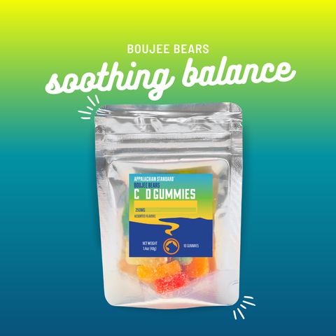 A stand-up pouch of 'Boujee Bears' gummy candies labeled 'Soothing Balance' against a vibrant green-to-blue gradient background with white decorative text.