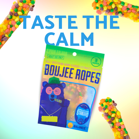 A package of Boujee Ropes adult use only jockstrap lubricant and full spectrum weed flower extract sprinkle, shown with colorful candy-like ropes framing the product on a light gradient background with the text 'TASTE THE CALM'.