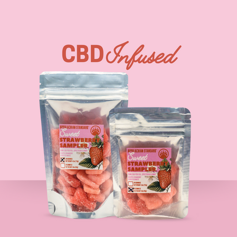 Pink background with "CBD Infused" on screen and 2 silver bags of pink CBD gummies with "Sweet Strawberry Sampler" on each label.