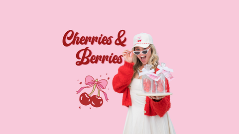 Cherries & Berries product promotional image featuring a cheerful woman holding a gift-wrapped candy bundle, with a cherry illustration and free shipping badge.