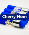 Blue and silver cylindrical objects with 'Cherry Mom' text on a white background