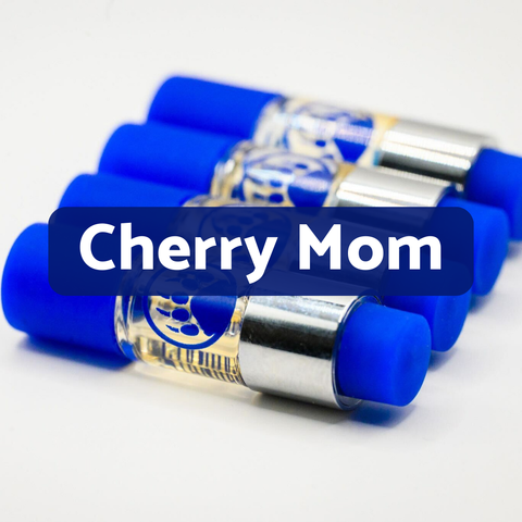 Blue and silver cylindrical objects with 'Cherry Mom' text on a white background