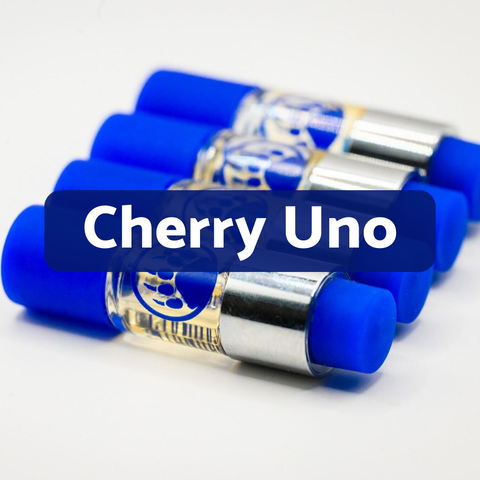 Blue and silver vials with 'Cherry Uno' text on a white background