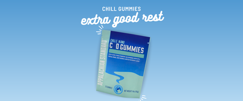A package of Chill Gummies 'extra good rest' C&D Gummies is shown at an angle against a light blue gradient background with white text above it.