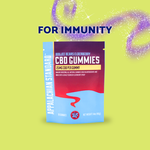 A stand-up pouch of CBD gummies on a pale yellow-green background with purple sparkly swirls and the text 'FOR IMMUNITY' above it. The package is labeled Appalachian Standard and reads 'Rojice Bears Elderberry CBD Gummies 25mg CBD per gummy.