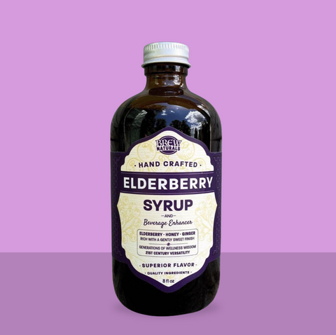 Brew Naturals Elderberry syrup on a purple background