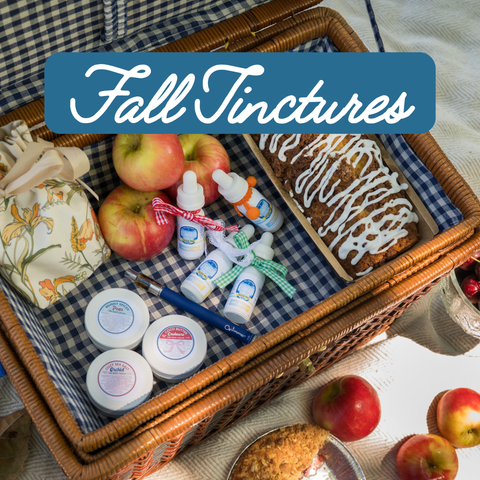 Picnic basket with apples, tinctures, and a cake on a checkered blanket with 'Fall Tinctures' text.