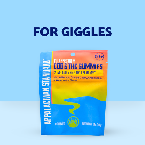 Appalachian Standard CBD & THC Gummies package on a blue background with text 'FOR GIGGLES'.