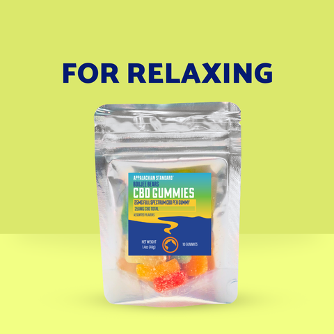 Packaged CBD gummies with a label on a green background and text 'FOR RELAXING'.