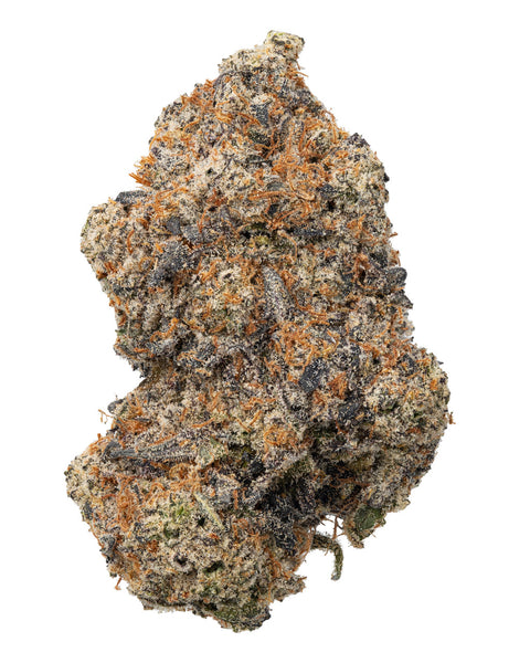 A flower with orange pistils and green trichome highlights on a clean white background.