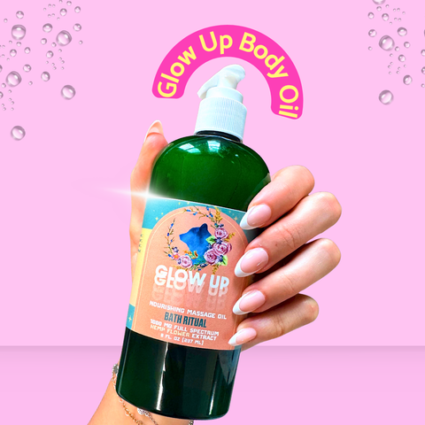Appalachian Standard's Glow Up Body Oil in a hand on a pink background.