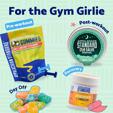 A graphic with "For the Gym Girlie" written above a yellow bag of gummies, pile of Boujee Bear gummies, menthol salve tin with a blue/green label and orange labeled Sooth Operator Muscle Gel with an orange label - all on a light green background